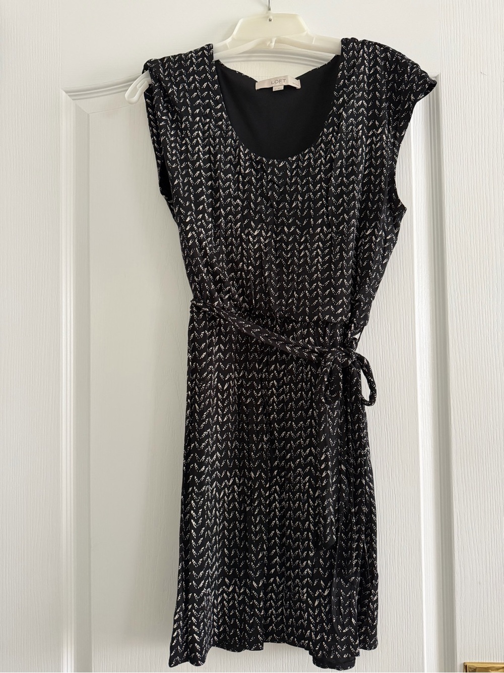 LOFT Black and Silver Chevron Tie-Waist Wrap Dress